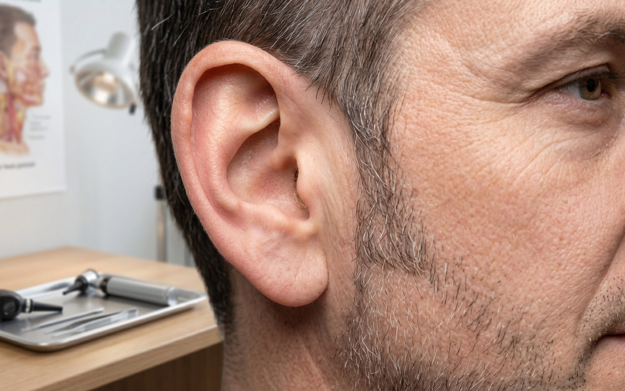 Acufeni, primo piano di un orecchio per spiegare cause e sintomi dei fischi nelle orecchie