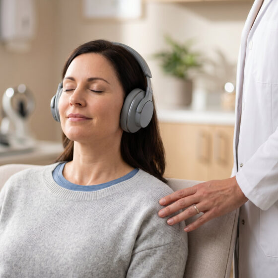 Donna durante una seduta di terapia del suono per la cura dell'acufene cronico