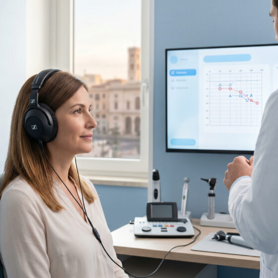 Esame audiometrico per la diagnosi prima di un intervento di otochirurgia a Bari