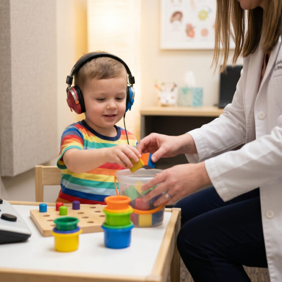 Esame audiometrico pediatrico con cuffie su un bambino al Centro ORL Curatoli