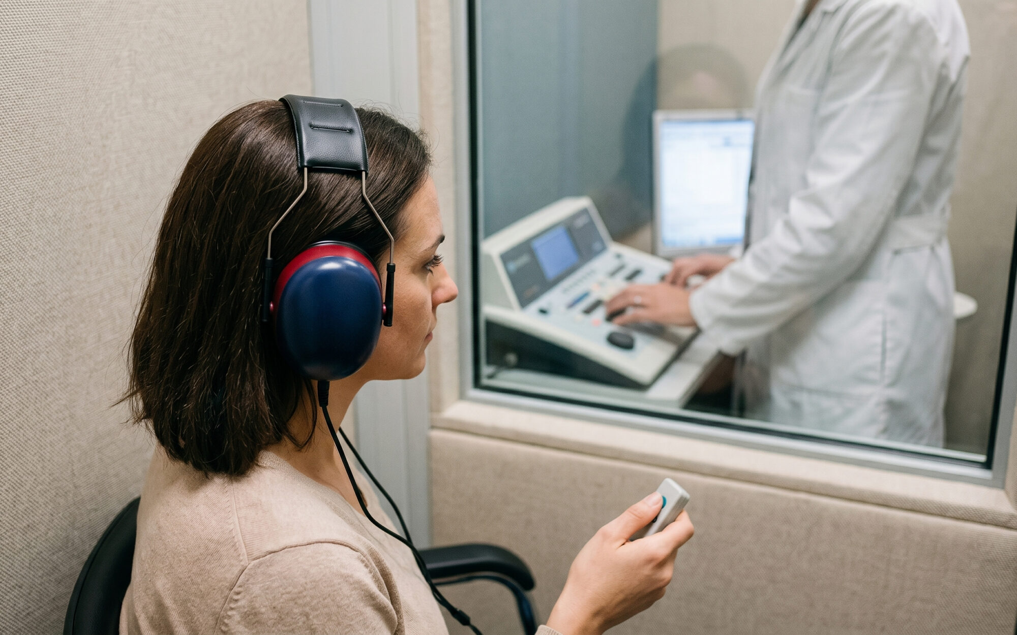 Esame audiometrico in cabina silente con cuffie al Centro ORL Curatoli