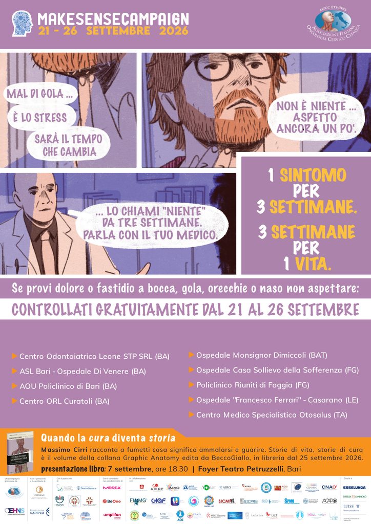 Locandina della Make Sense Campaign 2026: giornate gratuite di diagnosi precoce dei tumori testa-collo dal 21 al 26 settembre