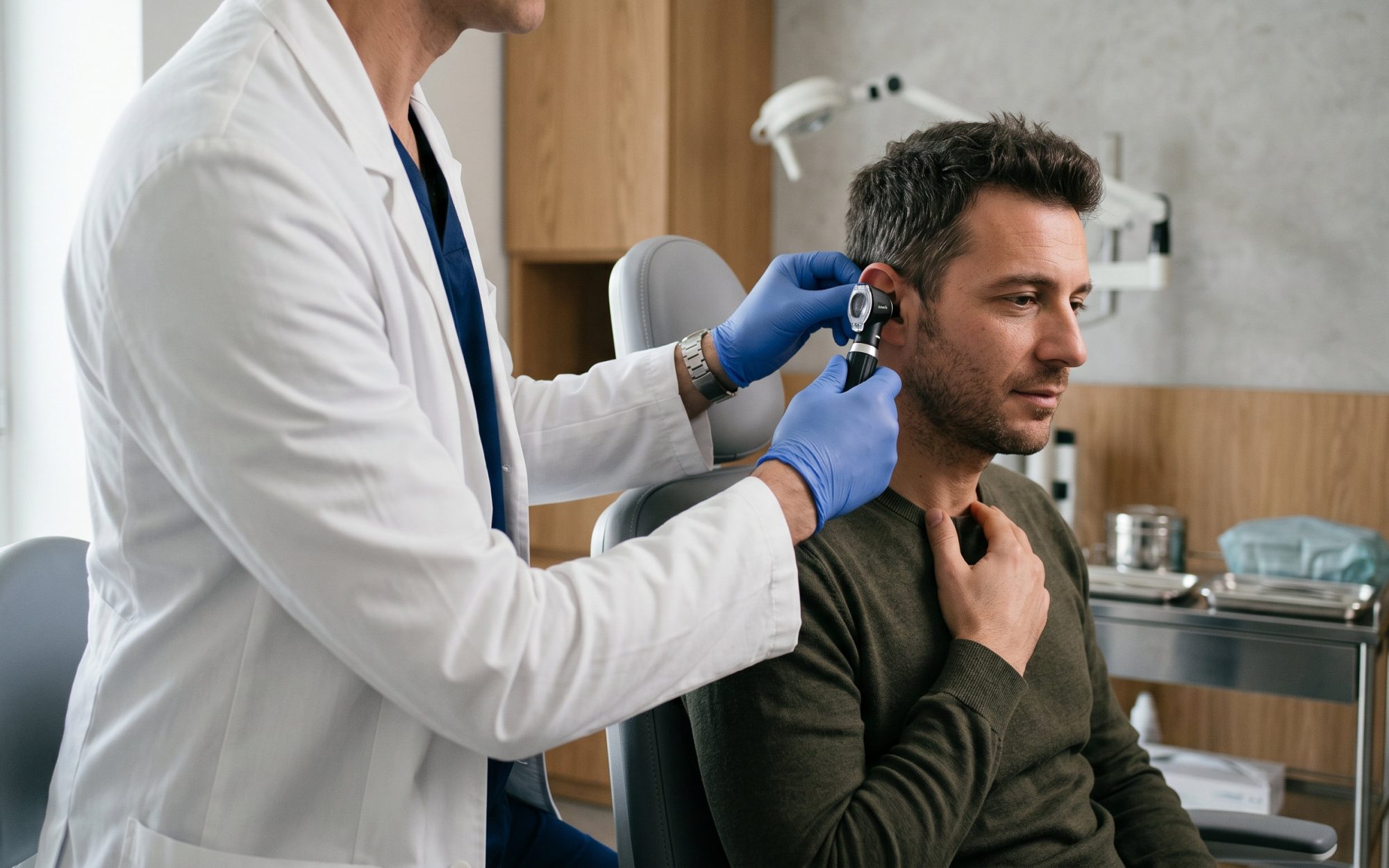 Otorragia: esame dell'orecchio con otoscopio per individuare la causa del sanguinamento