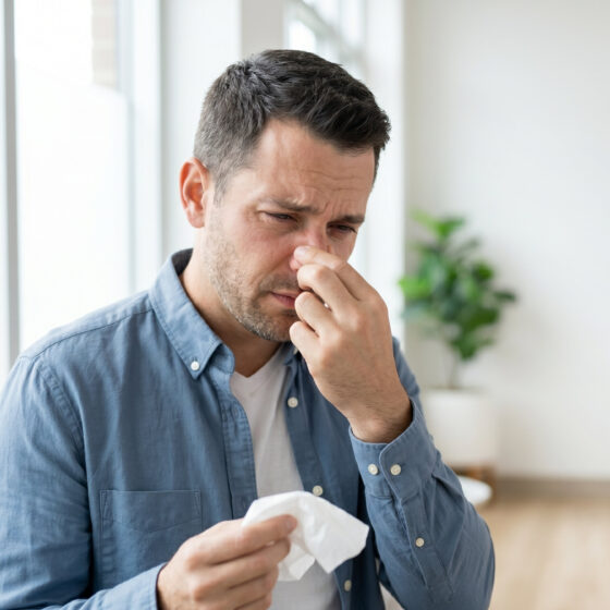 Uomo con naso chiuso da rinite cronica, allergica o vasomotoria